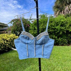 Rhinestone Trim Blue Denim Bustier Western Cowboy Cosplay Crop Top Size XL